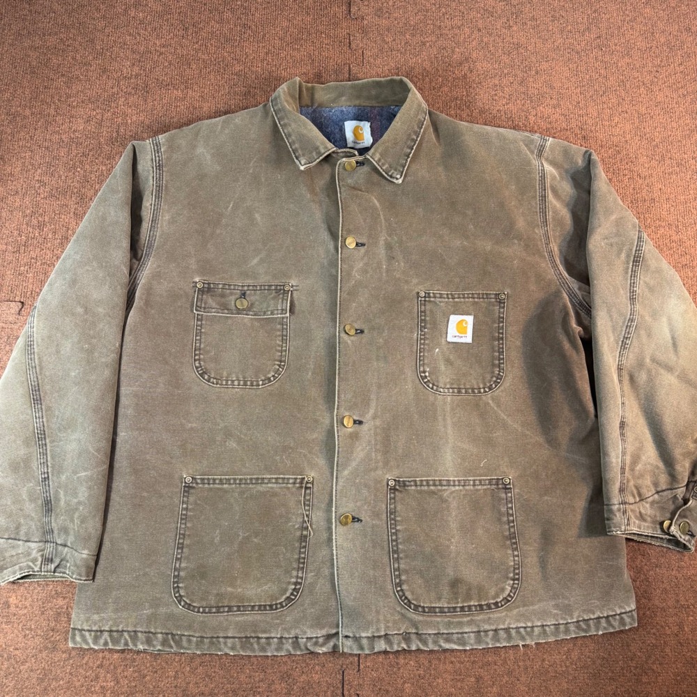 Carhartt Chore Coat Mens Blanket Lined Canvas Work Jacket Brown Faded Vintage